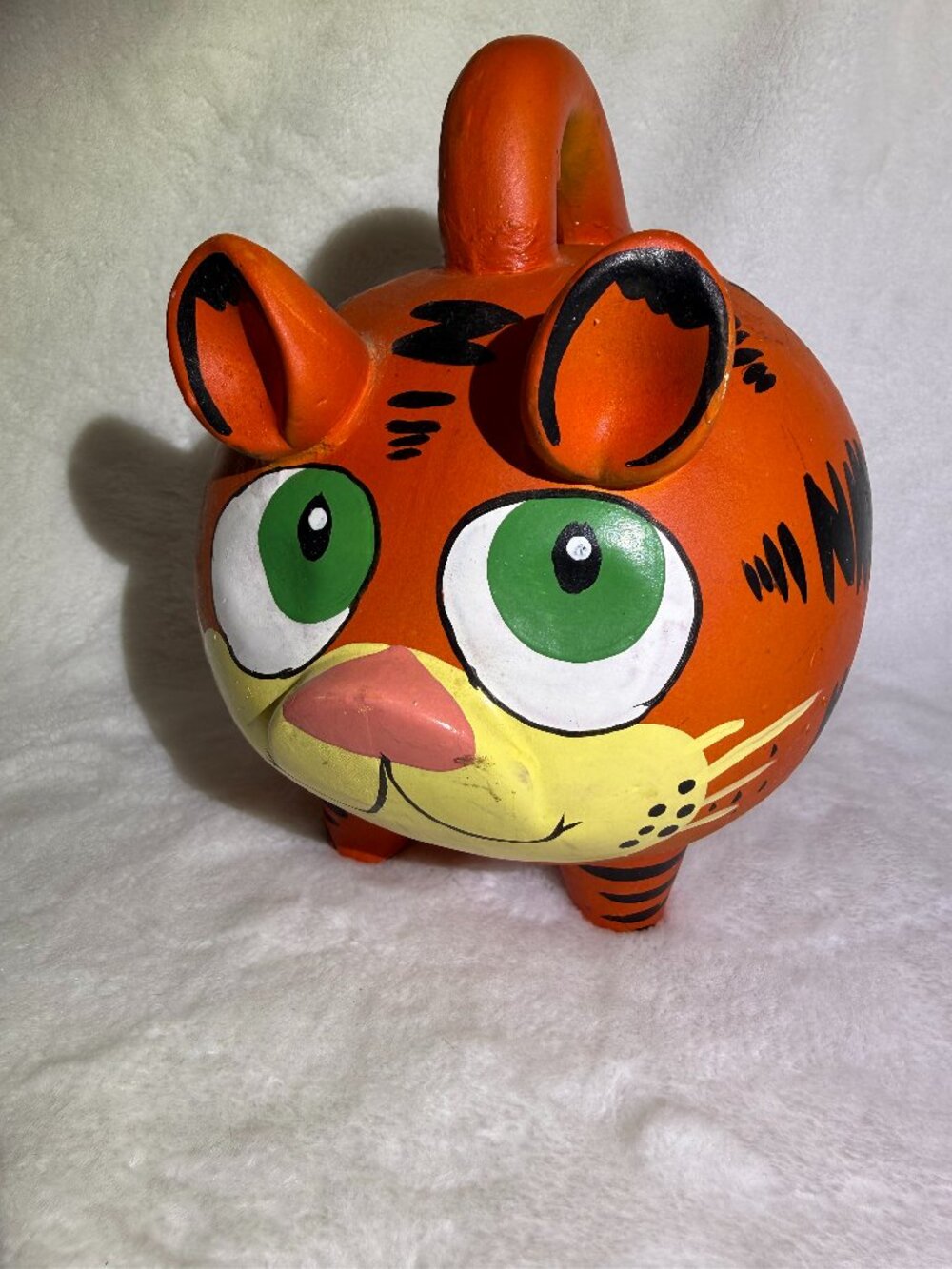 VTG Style Hand Painted Tiger Piggy Bank Ceramic Coin Bank Orange Cat Folk Art